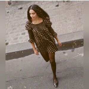 Doen Black Mini Dress with Gold Floral Motif